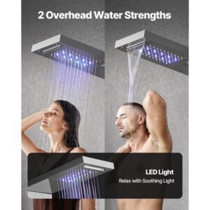 shower panel tower system with rainfall waterfall shower head, led, 53 in brushed stainless steel shower column, 5 function faucet, wall mount rain massage system, with handheld, tub spout