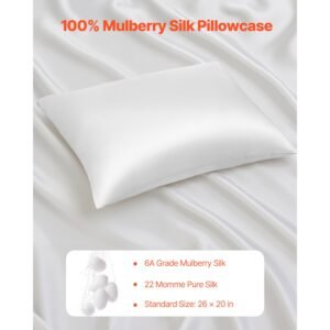 silk pillowcase, 100% pure mulberry silk pillow case, 26 in x 20 in standard silky pillow case for hair and skin, smooth, soft and breathable pillowcase with hidden zipper, for sleeping (white)