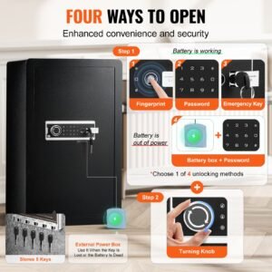 single door 4.0 cu.ft safe box with key lock, password & fingerprint, safe lock box with fireproof bag, key rack, led light, and 2 shelves for money, documents, jewelry, and valuables, black