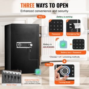 single door 4.0 cu.ft safe box with key lock & password, safe lock box with fireproof bag, key rack, led light, 2 shelves, and 1 cabinet for money, documents, jewelry, and valuables, black