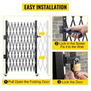 single folding security gate, 7 ft h x 7 ft w folding door gate, steel accordion security gate, flexible expanding security gate, 360° rolling barricade gate, scissor gate/door with padlock