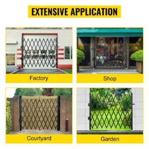single folding security gate, 7 ft h x 7 ft w folding door gate, steel accordion security gate, flexible expanding security gate, 360° rolling barricade gate, scissor gate/door with padlock