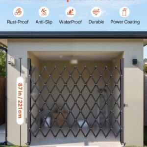 single folding security gate, 7.25 ft h x 7.8 ft w folding door gate, steel accordion security gate, flexible expanding security gate, 360° rolling barricade gate, scissor gate/door with padlock
