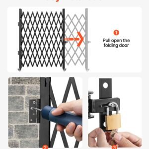 single folding security gate, 7.25 ft h x 7.8 ft w folding door gate, steel accordion security gate, flexible expanding security gate, 360° rolling barricade gate, scissor gate/door with padlock