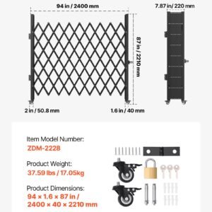 single folding security gate, 7.25 ft h x 7.8 ft w folding door gate, steel accordion security gate, flexible expanding security gate, 360° rolling barricade gate, scissor gate/door with padlock