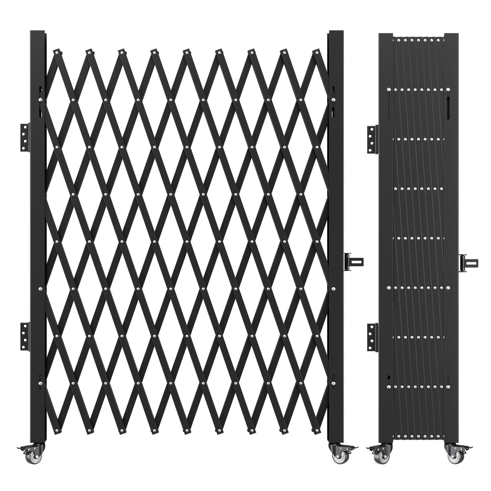 single folding security gate, 7.25 ft h x 7.8 ft w folding door gate, steel accordion security gate, flexible expanding security gate, 360° rolling barricade gate, scissor gate/door with padlock