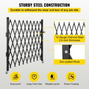 single folding security gate, 74"w x 51.57"h folding door gate, steel accordion security gate, flexible expanding security gate, 360° rolling barricade gate, scissor gate or door with padlock