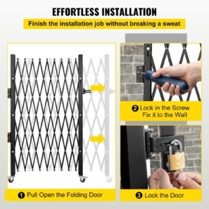 single folding security gate, 74"w x 51.57"h folding door gate, steel accordion security gate, flexible expanding security gate, 360° rolling barricade gate, scissor gate or door with padlock