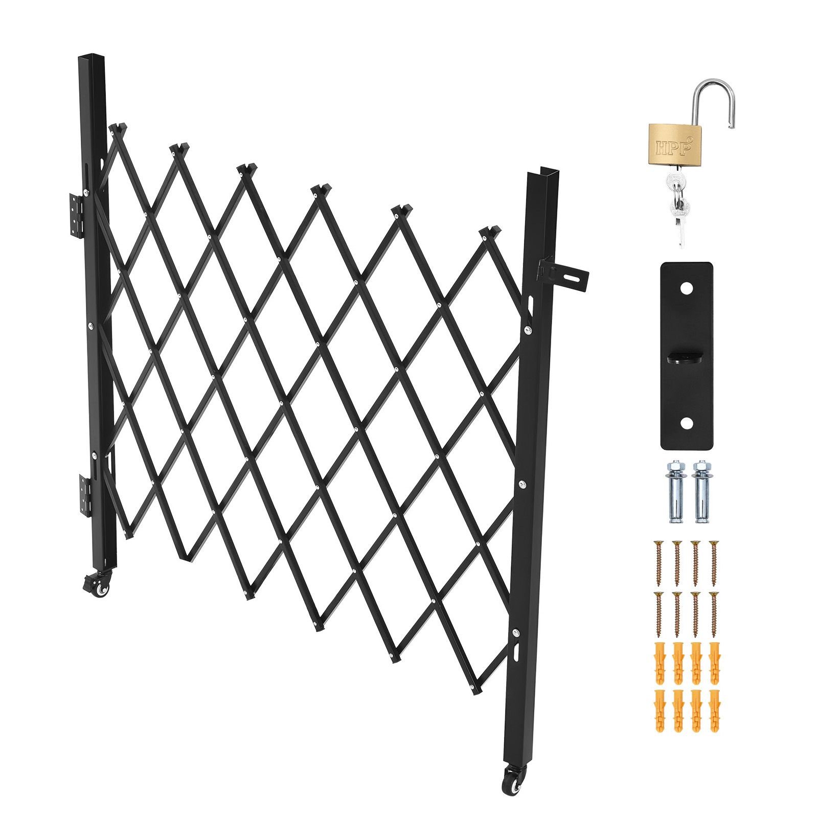 single folding security gate, lockable scissor gate with 360° swivel casters, outdoor barricade steel retractable gates, for entry security, garage, warehouse & pool, 43.31 x 51.57 in (w x h)