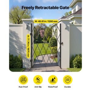 single folding security gate, lockable scissor gate with 360° swivel casters, outdoor barricade steel retractable gates, for entry security, garage, warehouse & pool, 49.61 x 77.76 in (w x h)