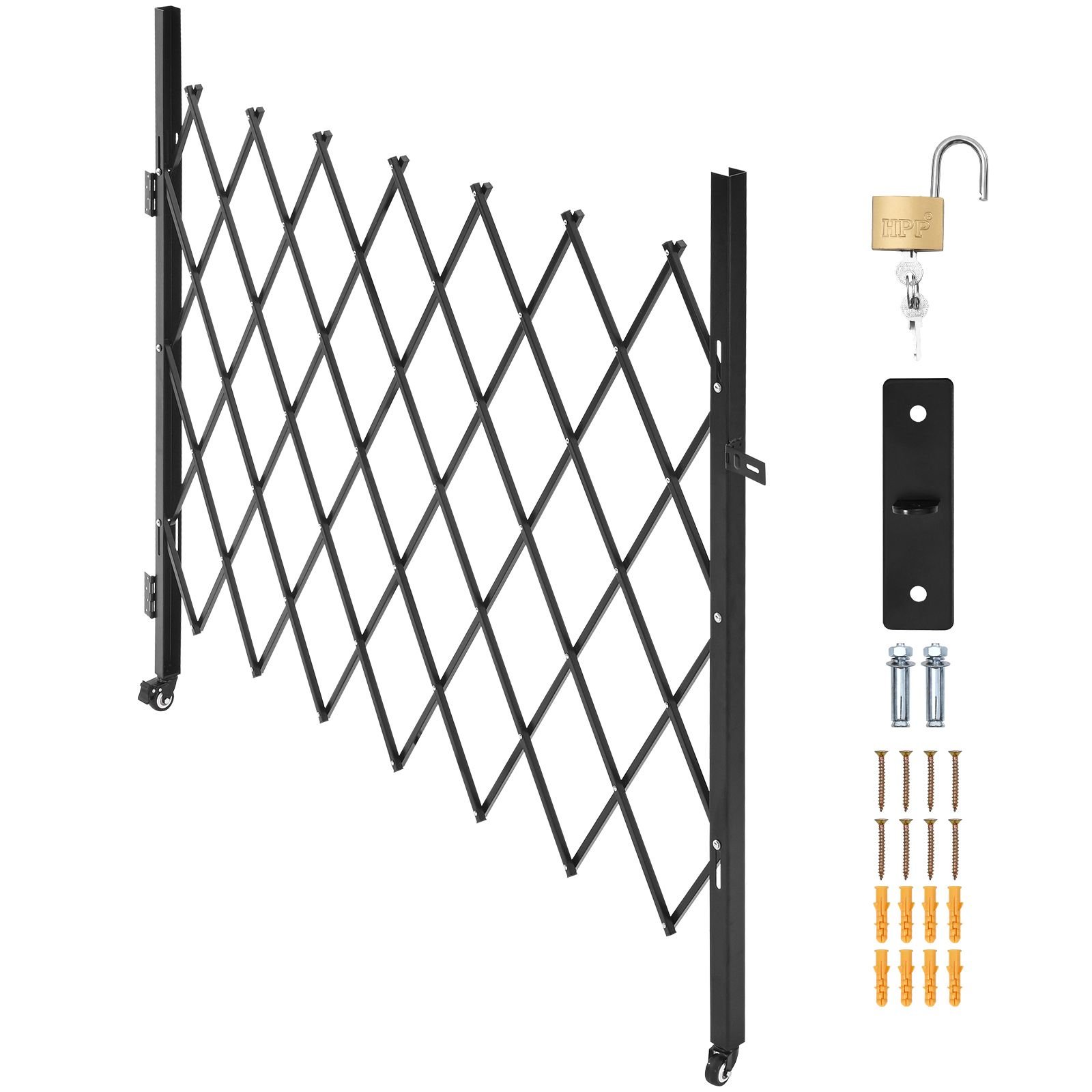 single folding security gate, lockable scissor gate with 360° swivel casters, outdoor barricade steel retractable gates, for entry security, garage, warehouse & pool, 70.87 x 63.39 in (w x h)