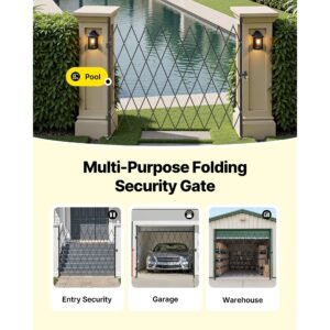 single folding security gate, lockable scissor gate with 360° swivel casters, outdoor barricade steel retractable gates, for entry security, garage, warehouse & pool, 86.61 x 86.81 in (w x h)