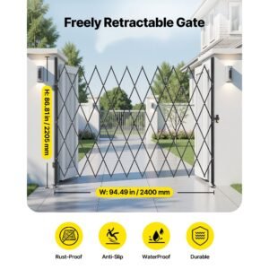 single folding security gate, lockable scissor gate with 360° swivel casters, outdoor barricade steel retractable gates, for entry security, garage, warehouse & pool, 94.49 x 86.81 in (w x h)