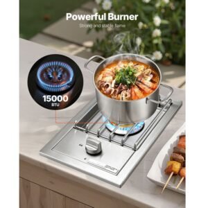 single grilling side burner, 15,000btu liquid propane side burner for outdoor kitchen, convertible to natural gas, 304 stainless steel built in single grill burners for bbq grill island