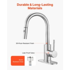 single handle sink faucet, brushed nickel kitchen faucet with pull down sprayer, suitable for bathroom, rv, bar sink, public restroom, stream & spray dual water flow modes, leak proof valve