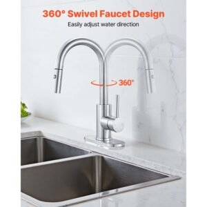 single handle sink faucet, brushed nickel kitchen faucet with pull down sprayer, suitable for bathroom, rv, bar sink, public restroom, stream & spray dual water flow modes, leak proof valve