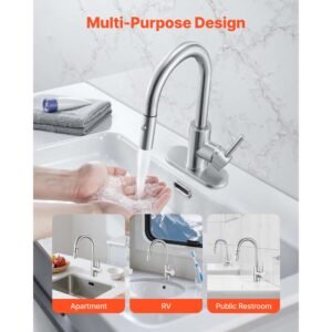 single handle sink faucet, brushed nickel kitchen faucet with pull down sprayer, suitable for bathroom, rv, bar sink, public restroom, stream & spray dual water flow modes, leak proof valve