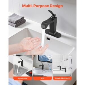 single handle sink faucet, matte black finish faucet kitchen sink, kitchen water faucets with push button drain, suitable for bathroom, rv, bar sink, public restroom, waterfall style spout