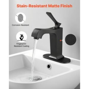 single handle sink faucet, matte black finish faucet kitchen sink, kitchen water faucets with push button drain, suitable for bathroom, rv, bar sink, public restroom, waterfall style spout