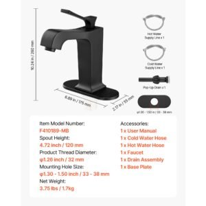 single handle sink faucet, matte black finish faucet kitchen sink, kitchen water faucets with push button drain, suitable for bathroom, rv, bar sink, public restroom, waterfall style spout