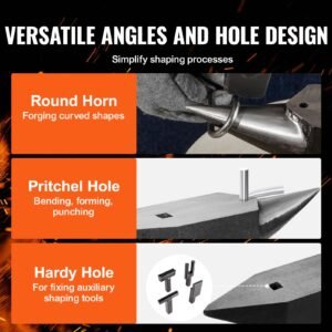 single horn anvil, 22lbs cast steel anvil, high hardness rugged round horn anvil blacksmith, large countertop and stable base, with round and square hole, metalsmith tool for bending and shaping