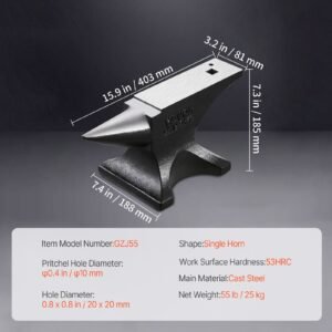 single horn anvil, 55lbs cast steel anvil, high hardness rugged round horn anvil for blacksmiths, with large countertop and stable base, metal working tool for metal bending, shaping, twisting
