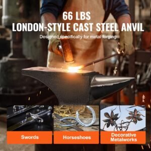 single horn anvil, 66lbs cast steel anvil, high hardness rugged round horn anvil blacksmith, with round and square hole, large countertop and stable base, metalsmith tool for bending and shaping