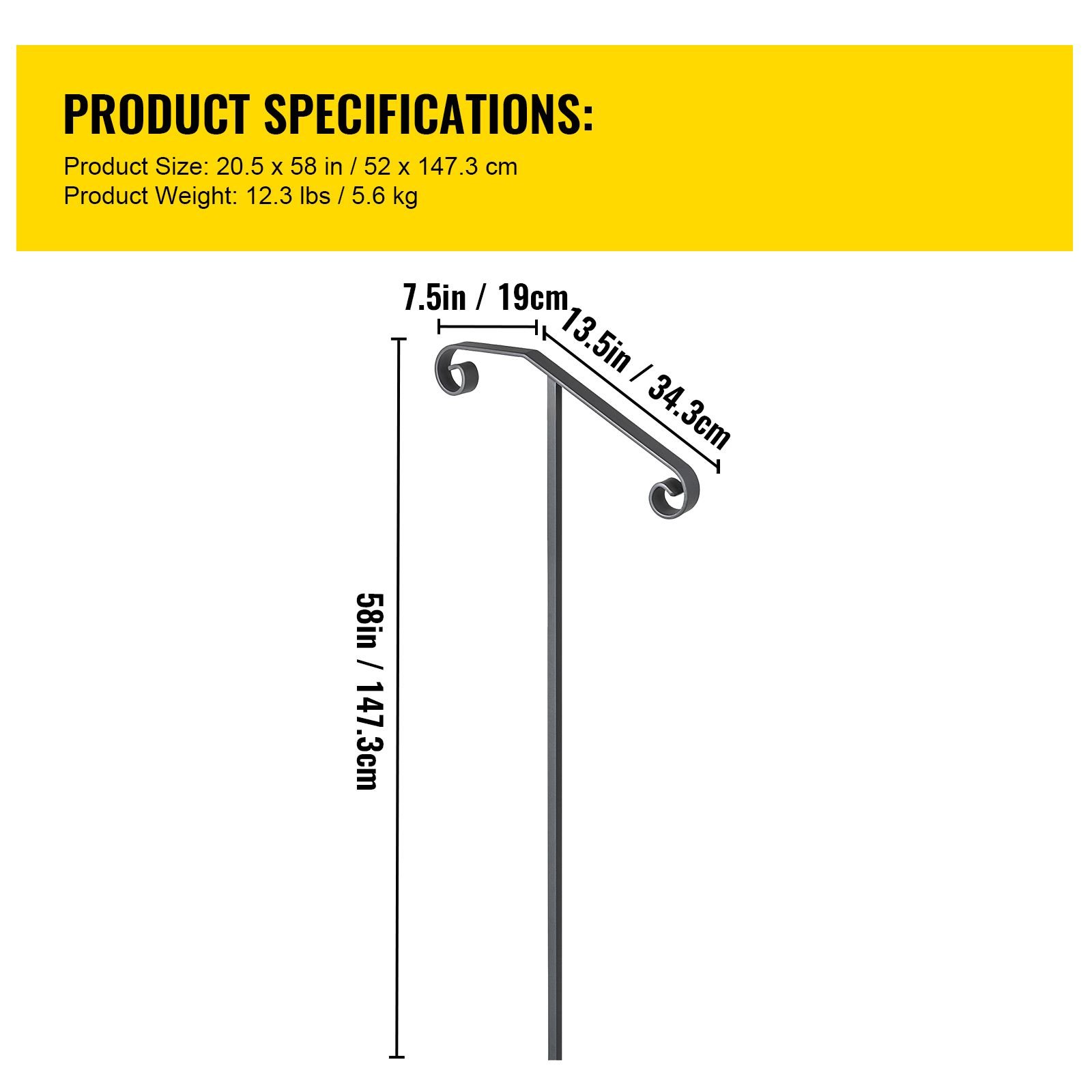 single post handrail wrought iron post mount step grab supports in ground long post fits 1 or 2 steps grab rail single post railing (gray)