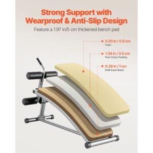 sit up bench, curved decline ab bench with reverse crunch handle, with 6 adjustable height setting, heavy duty steel, 600 lbs capacity for home gym workouts, strength training, full body muscles