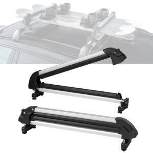 ski and snowboard roof rack, 31.7 inch universal ski rack for car roof fit most crossbars, carry up to 6 pairs of skis or 4 snowboards, aluminum snowboard ski rack with lock & rubber padding