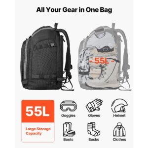 ski boot bag, 55l, snowboard boots travel backpack for men women, with waterproof exterior & bottom, durable 1680d oxford, bag for skis, snowboard, helmet, goggles, gloves, accessories (black)