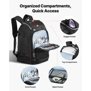 ski boot bag, 55l, snowboard boots travel backpack for men women, with waterproof exterior & bottom, durable 1680d oxford, bag for skis, snowboard, helmet, goggles, gloves, accessories (black)