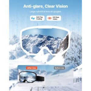 ski goggles, cylindrical lens with ice blue revo coating, otg anti fog snow goggles for men women youth, tpu frame & ventilation structure, suitable for skiing, skating, snowboarding, cycling