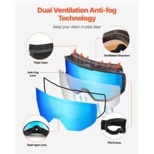 ski goggles, cylindrical lens with ice blue revo coating, otg anti fog snow goggles for men women youth, tpu frame & ventilation structure, suitable for skiing, skating, snowboarding, cycling