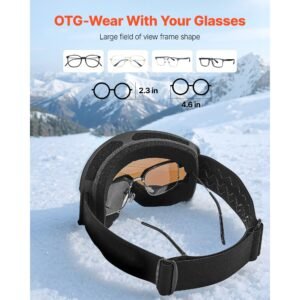 ski goggles, cylindrical lens with ice blue revo coating, otg anti fog snow goggles for men women youth, tpu frame & ventilation structure, suitable for skiing, skating, snowboarding, cycling
