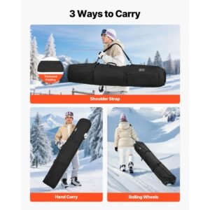 ski roller bag, up to 68.9 in/175 cm, padded snowboard bag with wheels for air travel, 600d waterproof oxford fabric, with adjustable straps, for skis poles goggles gloves helmet boots (black)