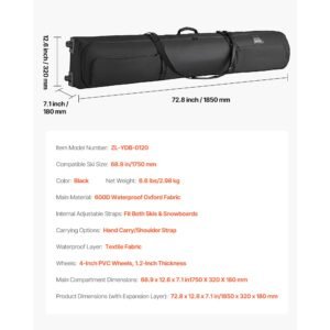 ski roller bag, up to 68.9 in/175 cm, padded snowboard bag with wheels for air travel, 600d waterproof oxford fabric, with adjustable straps, for skis poles goggles gloves helmet boots (black)