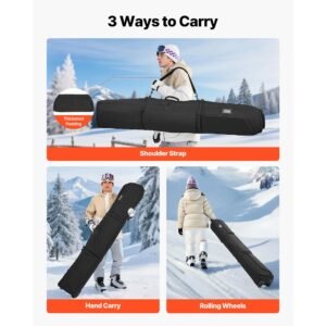 ski roller bag, up to 74.8 in/190 cm, padded snowboard bag with wheels for air travel, 600d waterproof oxford fabric, with adjustable straps, for skis poles goggles gloves helmet boots (black)