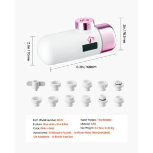skincare water filter, faucet mount water filters with micro nano bubble for skin, sink tap purifier, removes chlorine with 1 filter, for kitchen and bathroom faucets, pink + gold