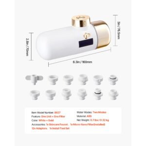 skincare water filter, faucet mount water filters with micro nano bubble for skin, sink tap purifier, removes chlorine with 1 filter, for kitchen and bathroom faucets, white + gold