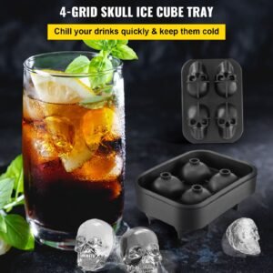skull ice cube tray, 4 grid skull ice ball maker, flexible black silicone ice tray with lid & funnel, funny skull ice cubes 1.6"x1.8" each for beverage, chocolate, etc. on parties & holidays