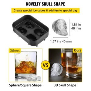 skull ice cube tray, 4 grid skull ice ball maker, flexible black silicone ice tray with lid & funnel, funny skull ice cubes 1.6"x1.8" each for beverage, chocolate, etc. on parties & holidays