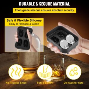 skull ice cube tray, 4 grid skull ice ball maker, flexible black silicone ice tray with lid & funnel, funny skull ice cubes 1.6"x1.8" each for beverage, chocolate, etc. on parties & holidays
