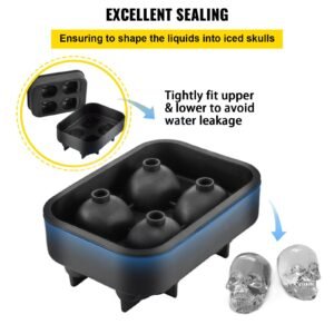 skull ice cube tray, 4 grid skull ice ball maker, flexible black silicone ice tray with lid & funnel, funny skull ice cubes 1.6"x1.8" each for beverage, chocolate, etc. on parties & holidays