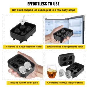 skull ice cube tray, 4 grid skull ice ball maker, flexible black silicone ice tray with lid & funnel, funny skull ice cubes 1.6"x1.8" each for beverage, chocolate, etc. on parties & holidays