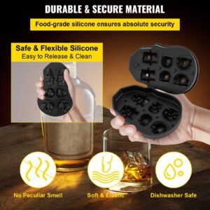 skull ice cube tray, 6 grid skull ice ball maker, flexible black silicone ice tray with lid & funnel, skull ice cubes in 3 distinct patterns for beverages & chocolates on parties & holidays