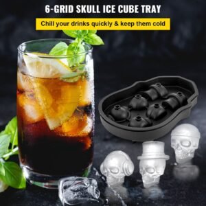 skull ice cube tray, 6 grid skull ice ball maker, flexible black silicone ice tray with lid & funnel, skull ice cubes in 3 distinct patterns for beverages & chocolates on parties & holidays