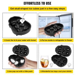 skull ice cube tray, 6 grid skull ice ball maker, flexible black silicone ice tray with lid & funnel, skull ice cubes in 3 distinct patterns for beverages & chocolates on parties & holidays