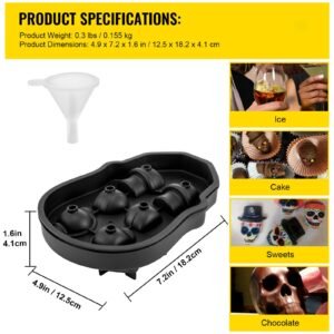 skull ice cube tray, 6 grid skull ice ball maker, flexible black silicone ice tray with lid & funnel, skull ice cubes in 3 distinct patterns for beverages & chocolates on parties & holidays