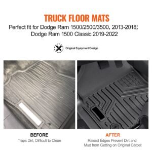 skyshalo truck floor liners, fits dodge ram 1500/2500/3500 & 1500 classic 2013 2018/2019 2022(crew cab only), include 3 front & second row mats, weather resistant tpe custom fit mats for pickup, black